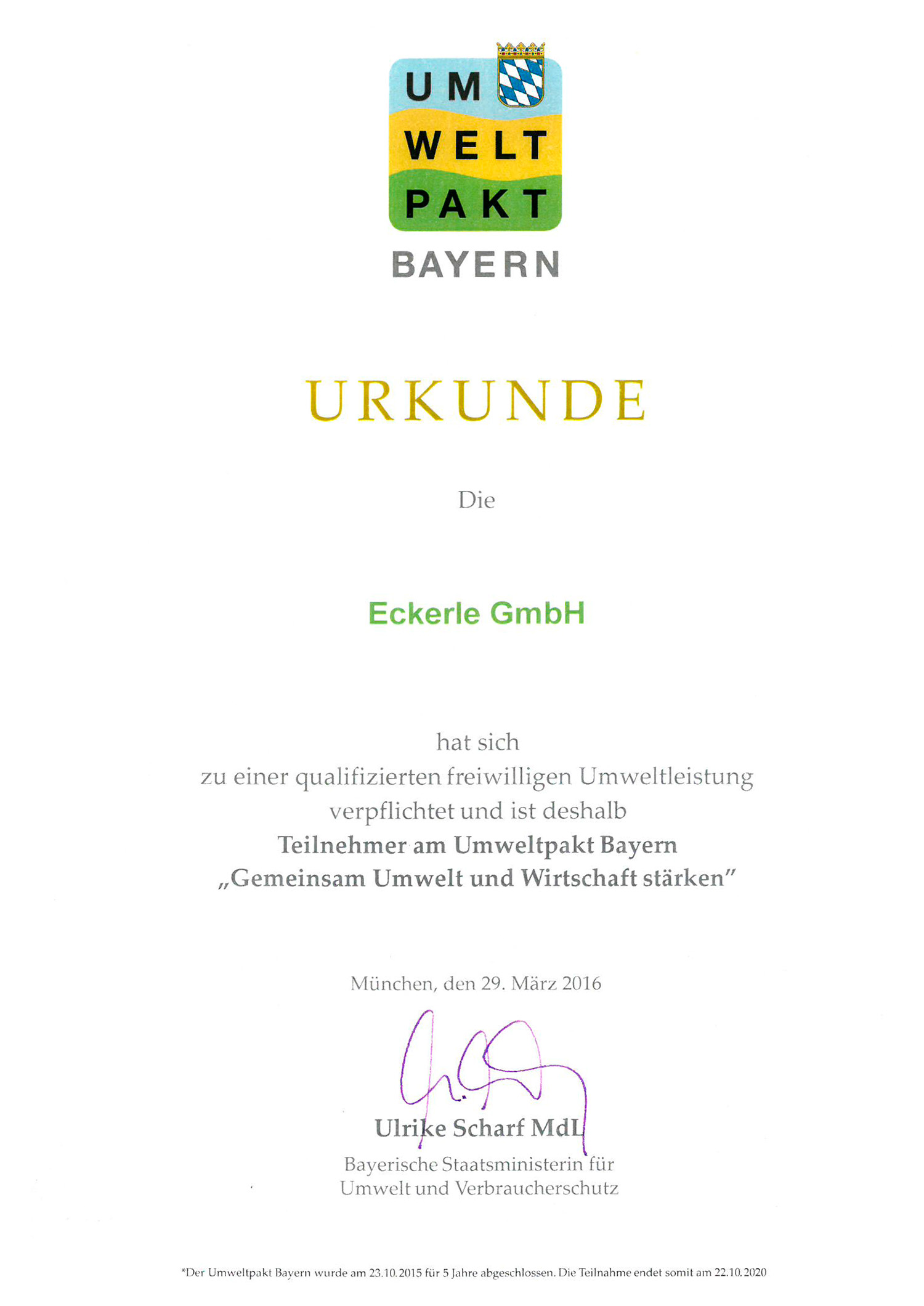 Zertifikat ECKERLE formenbau + werkzeubau - Umweltpakt Bayern