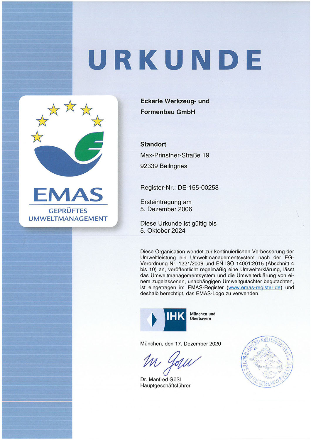 Zertifikat ECKERLE formenbau + werkzeubau - EMAS III - ISO 14001