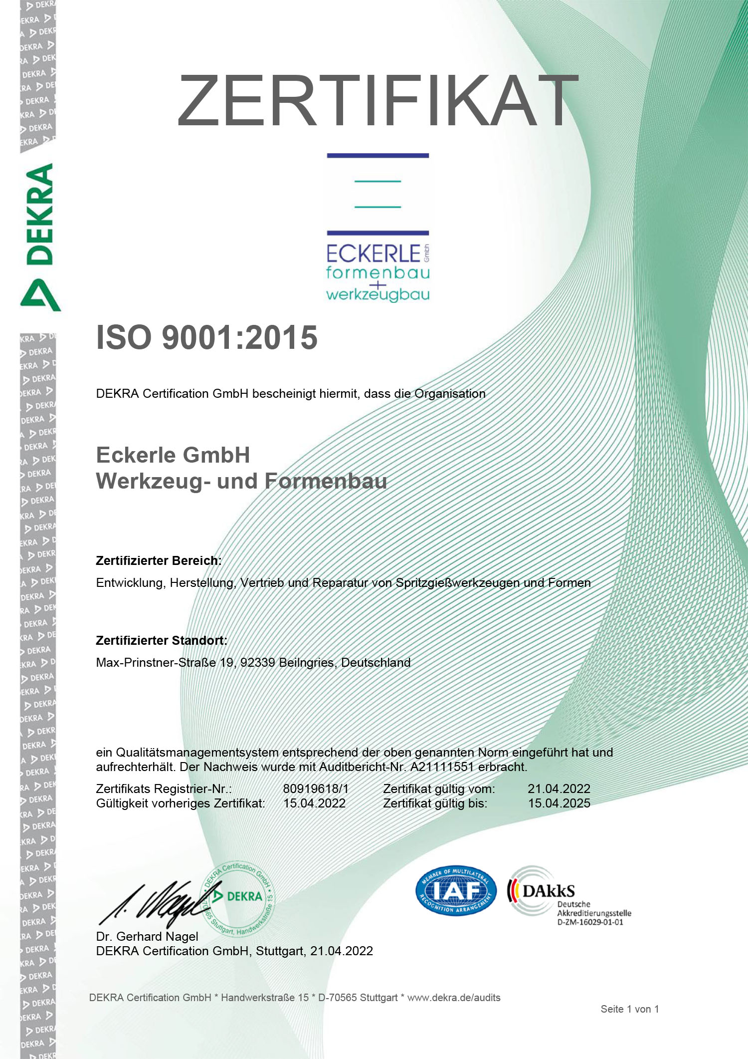 Zertifikat ECKERLE formenbau + werkzeubau - ISO 9001:2015